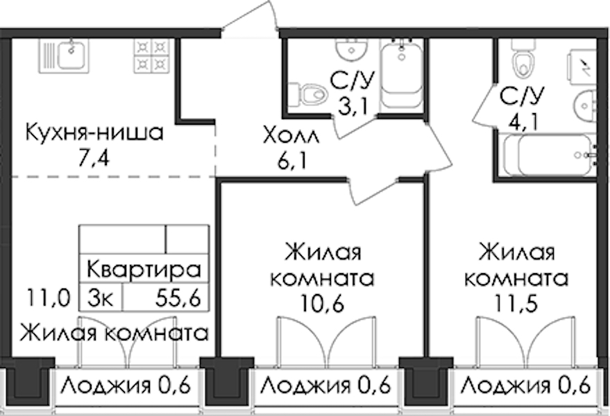 2-комнатная квартира 55.6 м², 9/9 эт., ЖК «Лермонтовский 54»